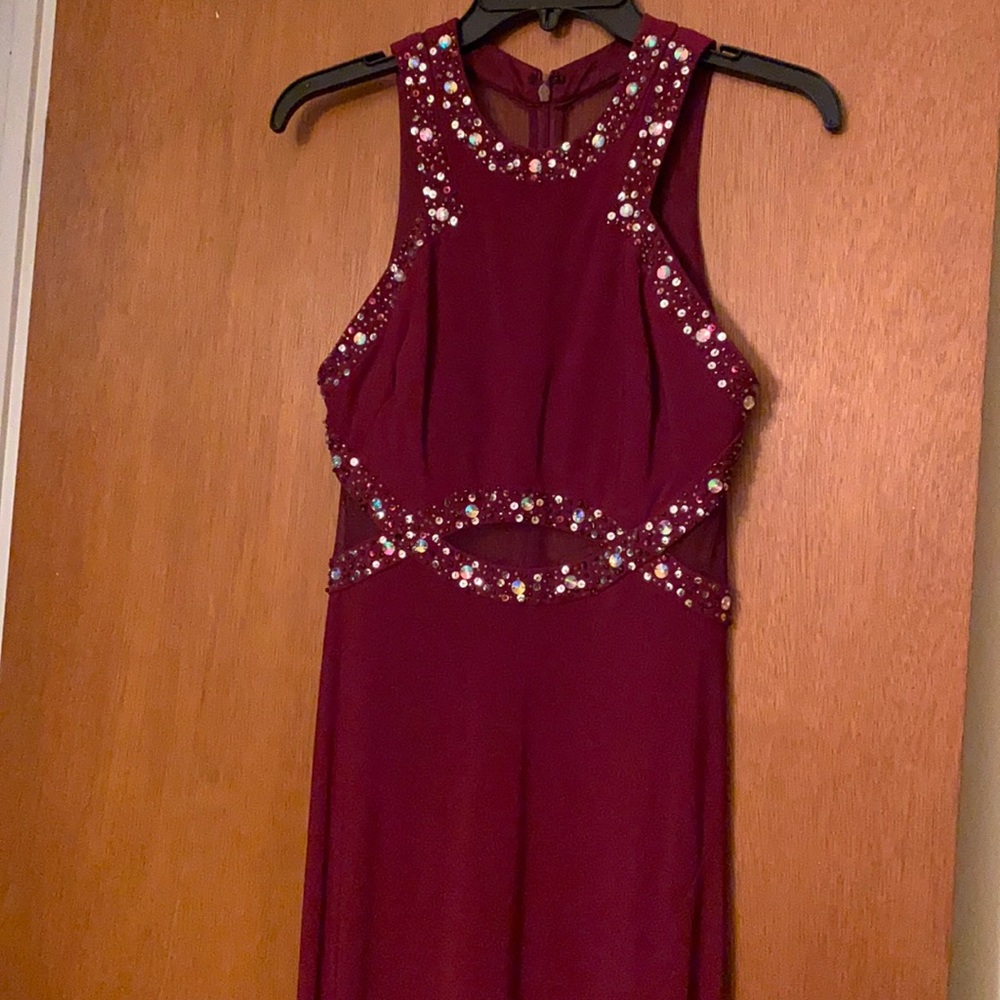 Burgundy mesh-back, cut outs and jewels, Side slit and slight train